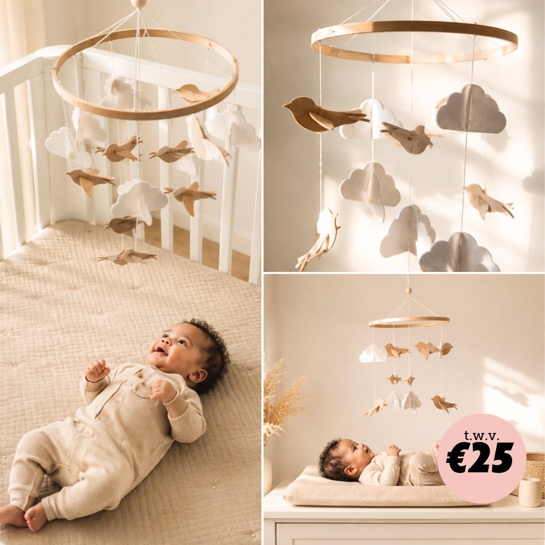 Vilten Baby mobiel Vogeltjes en Wolkjes - Beige